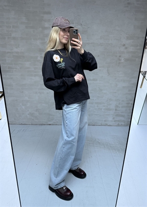 Basic cotton jersey long sleeve crochet patch bluse Phantom A1050176 Ganni 